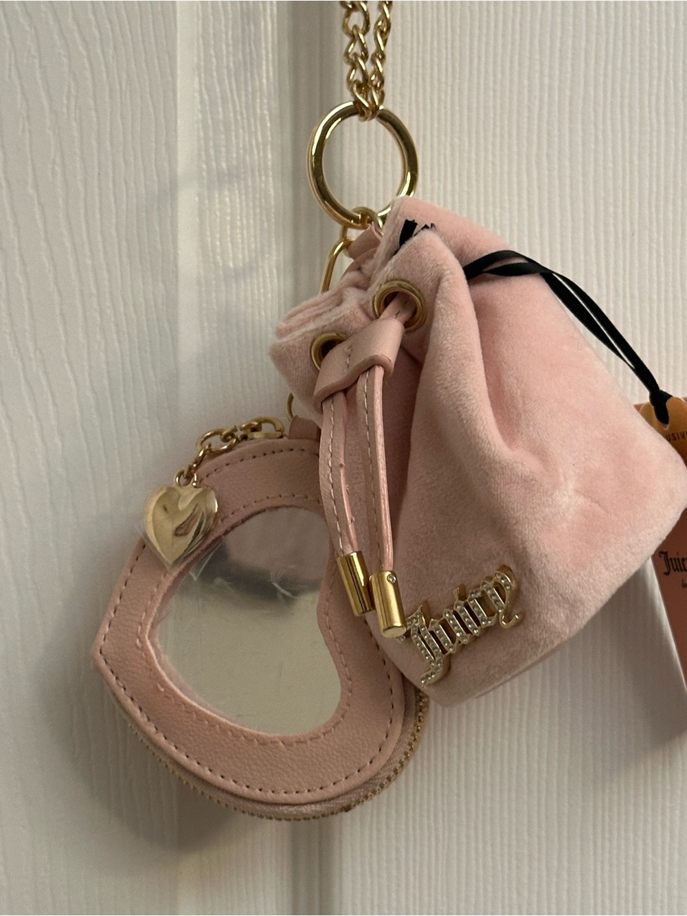 Juicy Couture Pink Drawstring Mini Bag Charm with Heart Mirror